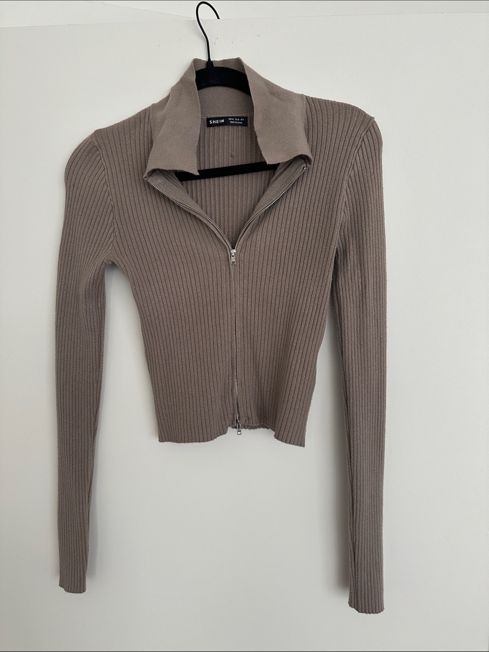 SHEIN Taupe Ribbed Zip-Up Collared Long Sleeve Top - Neutral